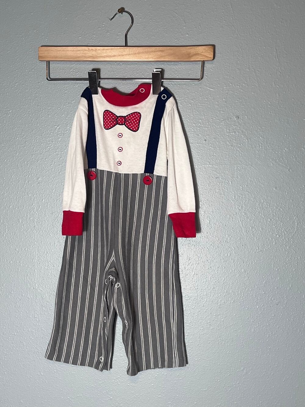 Doe Spun Vintage Baby One Piece 18 Months Stripe Pant Bow Tie Buttons Suspenders